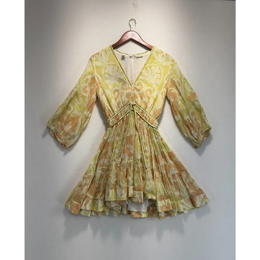ALEXIS Capri Short Mini Dress Yellow Abstract Print 3/4 Sleeve, Size S, Rt. $598 - Picture 5 of 13